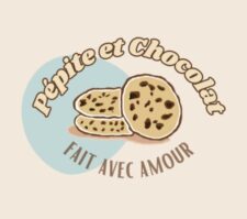 Logo : 2 3 cookies, "pépite et chocolat, fait avec amour"